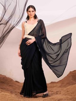 Tikhi Imli - Black Colored Poly Georgette Saree with Unstitched Blouse And Belt
