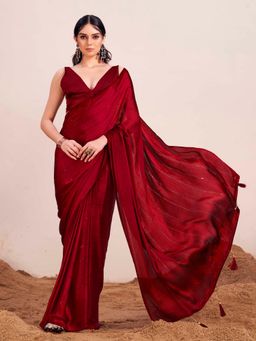 Tikhi Imli - Maroon Colored Satin Sequined Saree with Unstitched Blouse