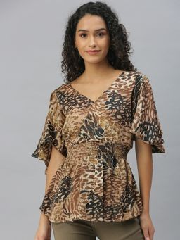 SHOWOFFFF - Women V-Neck Animal Brown Regular Top