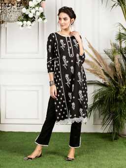 Mulmul - Black Embroidered Cotton Rue Kurta