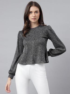 Grey Solid Round Neck Top With Trousers Co-Ords Set