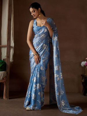 Snuggle Spot Women's Satin Solid Saree With Unstitched Blouse (Skyblue, 5-5 Mtrs)