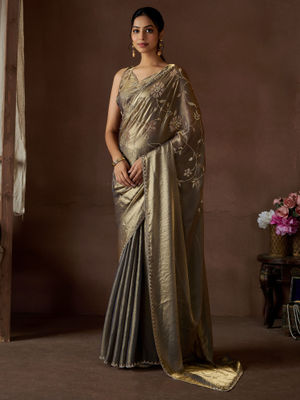 Gold Woven Silk Blend Saree With Unstitched Blouse Piece