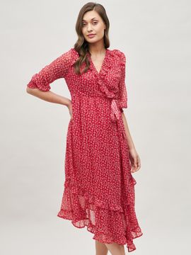 pink floral asymmetric midi dress