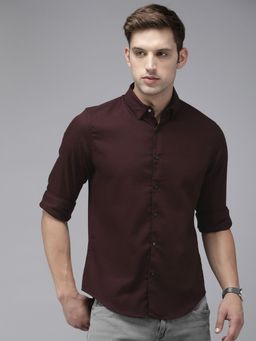 The Bear House - Men Maroon Solid Slim Fit Cotton Lycra Casual Shirt