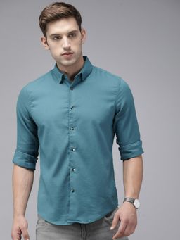 The Bear House - Men Teal Self Designed Slim Fit Cotton Lycra Casual Shirt