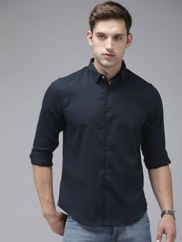 The Bear House - Men Navy Blue Self Designed Slim Fit Cotton Lycra Casual Shirt