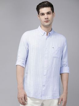 The Bear House - Men Purple Striped Slim Fit Cotton Linen Casual Shirt