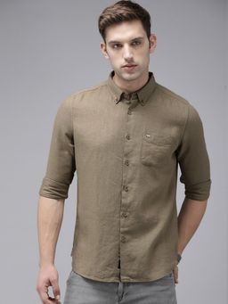 The Bear House - Men Brown Solid Slim Fit Cotton Casual Shirt