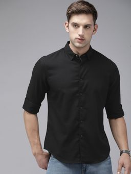 The Bear House - Men Black Self Designed Slim Fit Cotton Lycra Casual Shirt