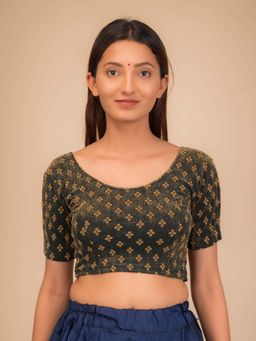 BINDIGASM'S ADVI - Anavila Green Gold Zari Buti Stretchable Pull On Stitched Blouse