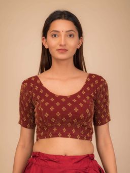 BINDIGASM'S ADVI - Anavila Maroon Gold Zari Buti Stretchable Pull On Stitched Blouse