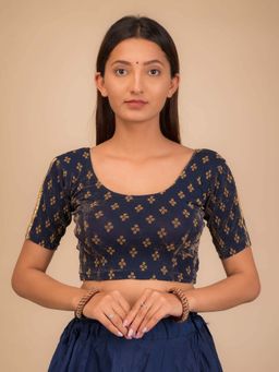BINDIGASM'S ADVI - Anavila Navy Blue Gold Zari Buti Stretchable Pull On Stitched Blouse