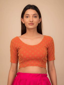 BINDIGASM'S ADVI - Anavila Orange Gold Zari Buti Stretchable Pull On Stitched Blouse
