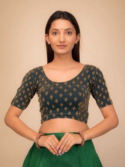 BINDIGASM'S ADVI - Anavila Teal Gold Zari Buti Stretchable Pull On Stitched Blouse