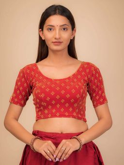 BINDIGASM'S ADVI - Anavila Red Gold Zari Buti Stretchable Pull On Stitched Blouse