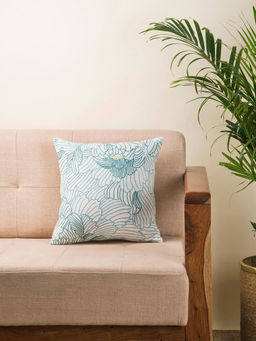 Fabindia - Aqua Magnolia Cotton Embroidered Cushion Cover (12x12 inches)
