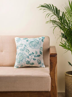 Fabindia - Aqua Magnolia Cotton Embroidered Cushion Cover (16x16 inches)