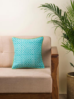 Fabindia - Aqua Magnolia Cotton Printed Cushion Cover (16x16 inches)