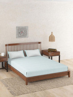 Fabindia - Aqua Magnolia Hand Block Printed Cotton Bedsheet with 2 Pillow Covers