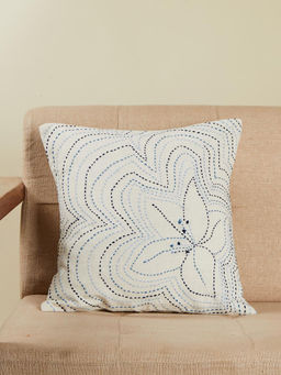 Fabindia - White Blue Padam Cotton Kantha Embroidery Cushion Cover (16x16 inches)