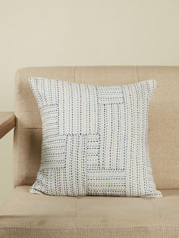 Fabindia - White Blue Padam Cotton Kantha Embroidery Cushion Cover (16x16 inches)