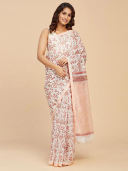 Fabindia - Pink Cotton Silk Hand Block Printed Sari with Unstitched Blouse