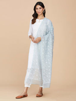 Fabindia - Blue Cotton Silk Embroidered Chikankari Dupatta