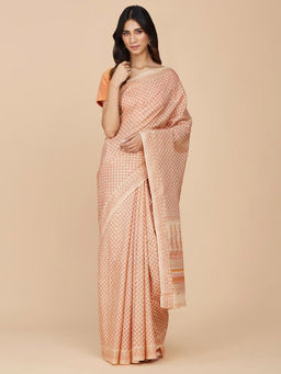 Fabindia - Orange Silk Hand Block Printed Sari with Unstitched Blouse