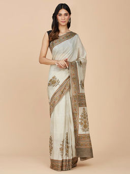 Fabindia - Beige Modal Hand Block Printed Sari with Unstitched Blouse
