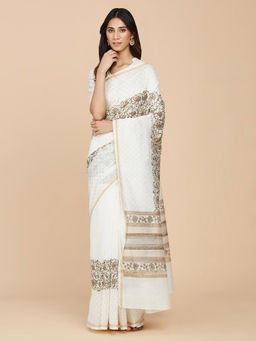 Fabindia - Off White Cotton Silk Hand Block Printed Sari with Unstitched Blouse