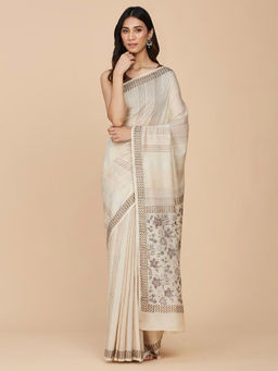 Fabindia - Beige Modal Hand Block Printed Sari with Unstitched Blouse
