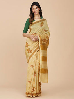 Fabindia - Mustard Cotton Silk Hand Block Printed Sari with Unstitched Blouse
