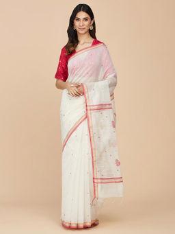 Fabindia - White Cotton Silk Chanderi Sari with Unstitched Blouse
