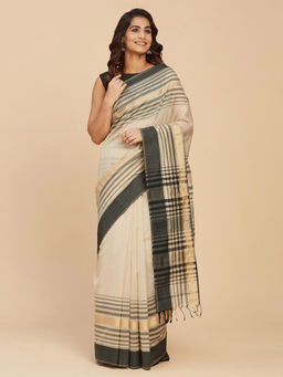 Fabindia - Beige Cotton Silk Maheshwari Sari with Unstitched Blouse