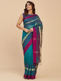 Fabindia - Teal Cotton Silk Maheshwari Sari with Unstitched Blouse