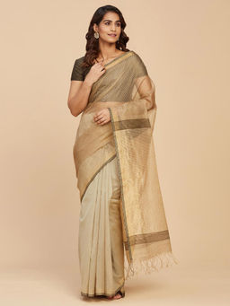 Fabindia - Beige Cotton Silk Hand Woven Sari with Unstitched Blouse