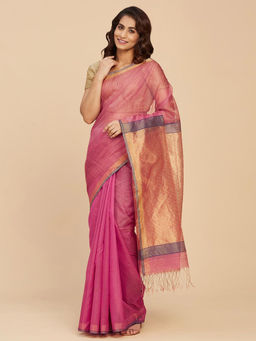 Fabindia - Pink Cotton Silk Hand Woven Sari with Unstitched Blouse