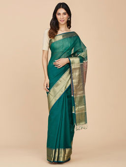 Fabindia - Green Cotton Silk Maheshwari Sari with Unstitched Blouse