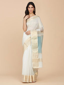 Fabindia - White Cotton Silk Maheshwari Sari with Unstitched Blouse