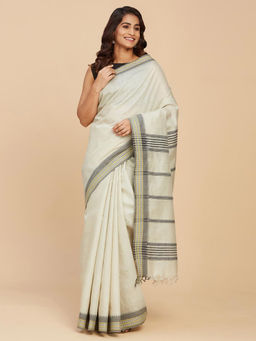 Fabindia - Off White Silk Blend Woven Sari with Unstitched Blouse