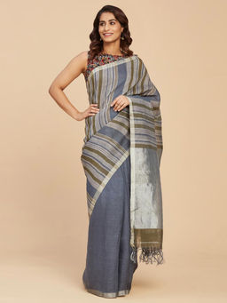 Fabindia - Navy Blue Linen Blend Hand Woven Sari without Blouse