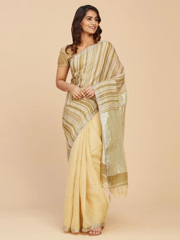 Fabindia - Yellow Linen Blend Hand Woven Sari without Blouse