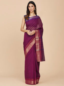 Fabindia - Purple Cotton Hand Woven Sari without Blouse