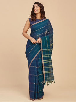 Fabindia - Teal Cotton Woven Sari without Blouse