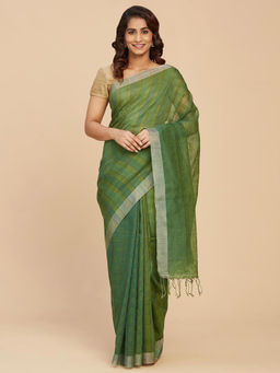 Fabindia - Green Linen Silk Hand Woven Sari without Blouse