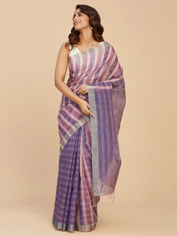 Fabindia - Purple Linen Silk Hand Woven Sari without Blouse