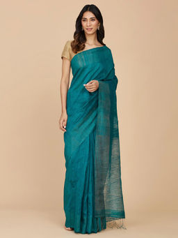 Fabindia - Teal Silk Hand Woven Sari with Unstitched Blouse