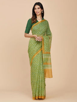 Fabindia - Green Cotton Silk Blend Block Printed Sari without Blouse