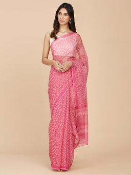 Fabindia - Pink Cotton Silk Blend Block Printed Sari without Blouse